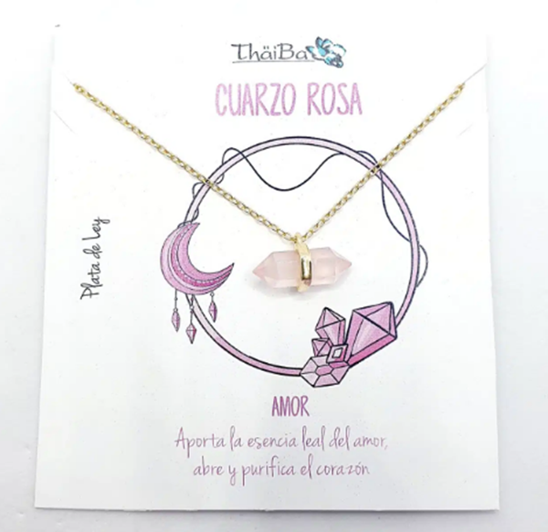 Foto de Collar Plata Chapada Cuarzo Rosa Prisma Oro